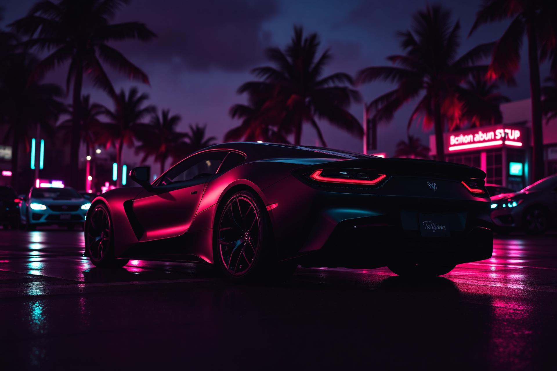 Luxury car on a Miami street at night